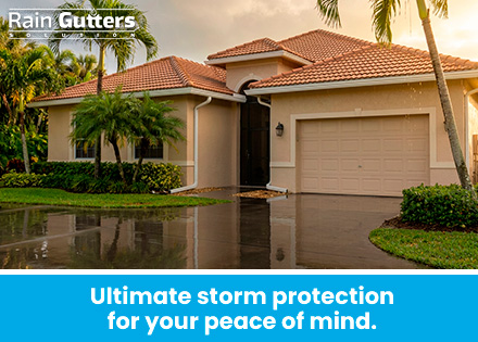 The house features perfectly installed, color-matched seamless gutters that look sharp and integrated.