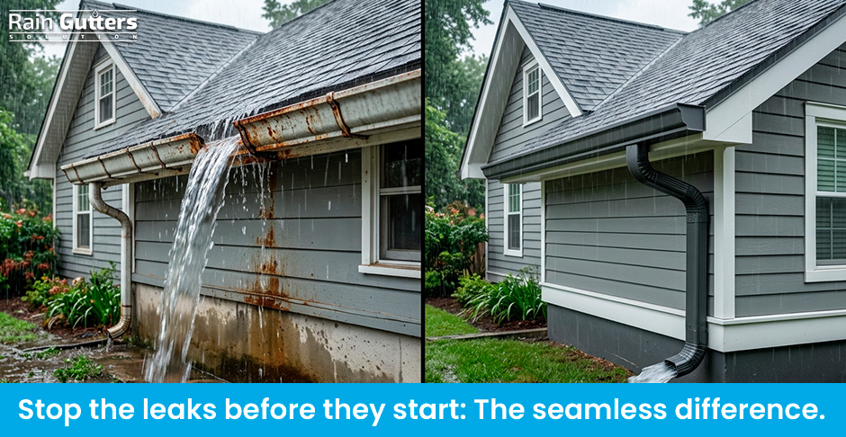 A stark comparison: On the left, a traditional sectional gutter fails under the stress of a Florida downpour, causing dangerous runoff. On the right, our smooth, seamless system handles the tropical deluge effortlessly, protecting the home's foundation.