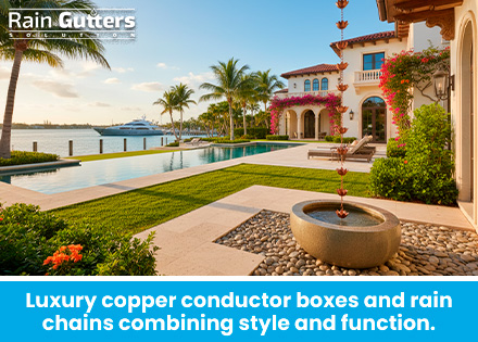 An elegant shot of a luxury estate featuring a copper rain chain and custom stamped conductor box discharging rainwater cleanly into a river rock drainage bowl.
