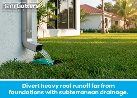 An exterior installation photo showing an oversized downspout connected directly to a subterranean pop-up emitter system installed neatly within a lawn.