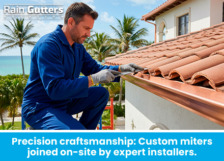 A dedicated, experienced technician carefully measuring and hand-finishing a custom miter corner on a continuous copper seamless gutter outside a coastal estate.