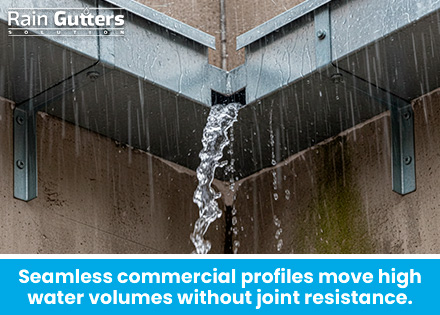 A crisp action shot of a heavy-gauge 7-inch seamless aluminum box gutter discharging high-velocity rainwater cleanly into an oversized commercial downspout during a torrential downpour.