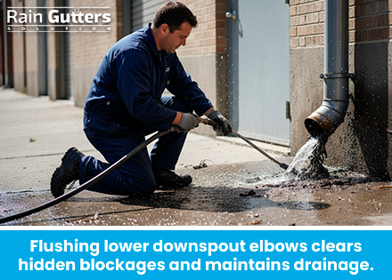 A service specialist using a high-pressure water hose and flexible snake tool to clear dense organic sludge out of a commercial-sized downspout elbow.