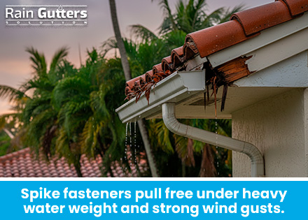 A photo of a residential eave after a storm, showing a gutter run sagging away from the roofline because cheap spike-and-ferrule fasteners pulled out of soft wood.