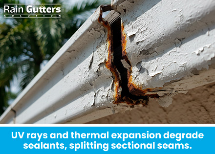 A close-up of a degraded sectional gutter joint showing dried, cracked sealant and rust formation caused by daily thermal expansion and contraction.