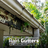 A detailed photo showing wood decay and mold growth behind a sagging gutter run where water has been dripping over the rear edge onto the wooden fascia board.
