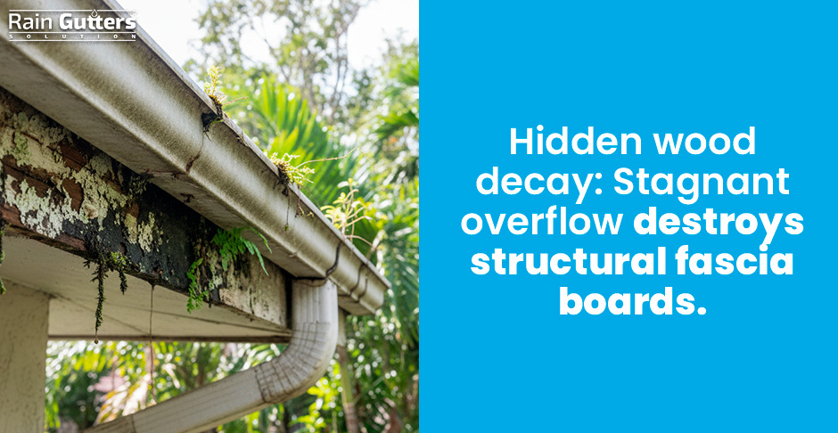 A detailed photo showing wood decay and mold growth behind a sagging gutter run where water has been dripping over the rear edge onto the wooden fascia board.