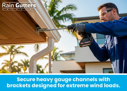 An installer driving a stainless steel screw through a heavy-duty internal hidden bracket directly into a solid fascia board on a luxury residence.