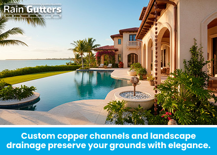 A wide shot of a Mediterranean-style luxury estate featuring custom copper gutters and downspout rain chains discharging into decorative gravel basins.