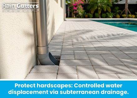 An architectural detail photo showing an oversized seamless downspout connecting cleanly into a underground PVC drainage pipe beneath a paved pool deck.