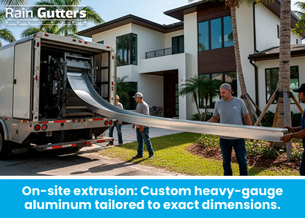 A mobile extrusion truck rolling out a continuous piece of heavy-gauge .032 aluminum seamless gutter directly on a project jobsite.