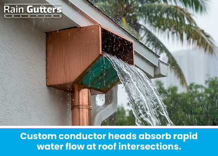 A close-up of a heavy-duty copper conductor head (scupper box) swallowing water from an upper roof valley during a torrential downpour without overflowing.