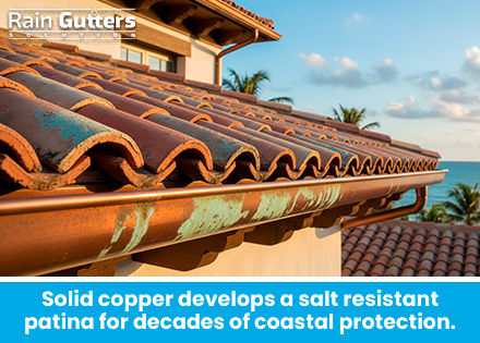 An up-close view of a custom solid copper seamless gutter showing the early stages of a protective green patina along a coastal luxury estate roofline.