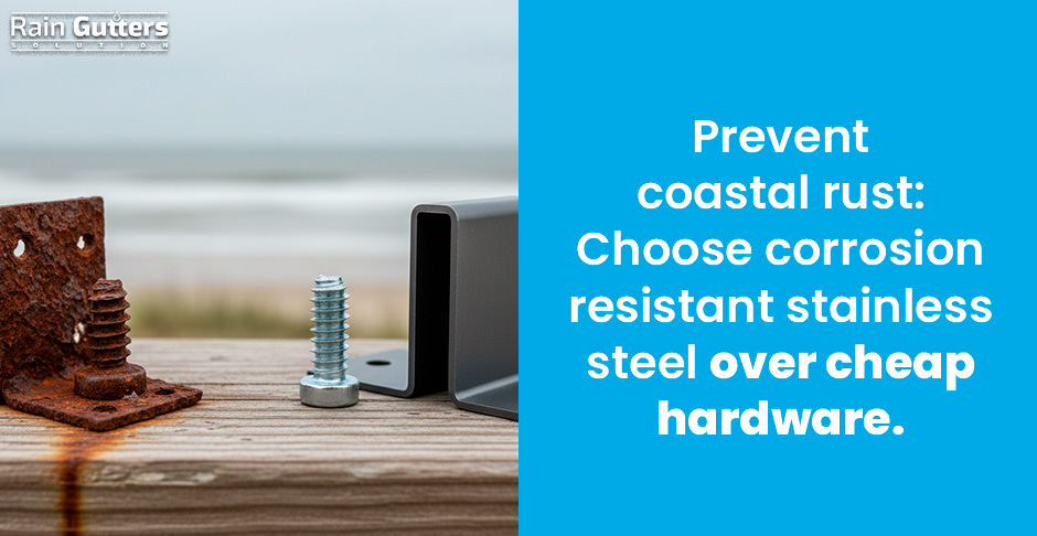 A close-up photograph comparing a rusted, pitted steel fastener from a cheap gutter installation next to a pristine stainless steel screw and anodized aluminum bracket after years of coastal exposure.