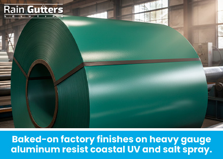 A factory detail photo showing heavy-gauge aluminum coil stock with a thick, baked-on Kynar 500 paint finish formulated to resist UV fading and salt spray chalking.