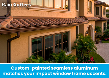 A high-definition shot of a luxury estate fascia featuring a 6-inch K-style seamless copper gutter factory-finished in a custom bronze shade to match the impact window trim.