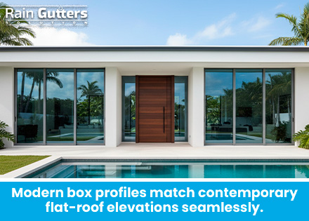 A crisp exterior photo of a modern minimalist home in Miami with a dark charcoal, concealed-fastener box gutter seamlessly aligning with the flat roof parapet line.