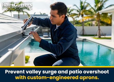 An installer sealing a wide custom aluminum splash apron along a multi-level lanai roof valley to prevent high-velocity water from bypassing the drainage channel.