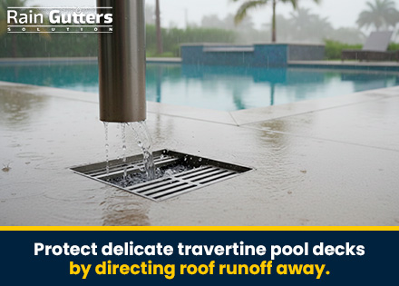 A wide-angle view of a luxury pool deck during a heavy rainstorm, showing clean water discharge through wide downspouts into perimeter drains while the travertine deck stays dry and puddle-free.