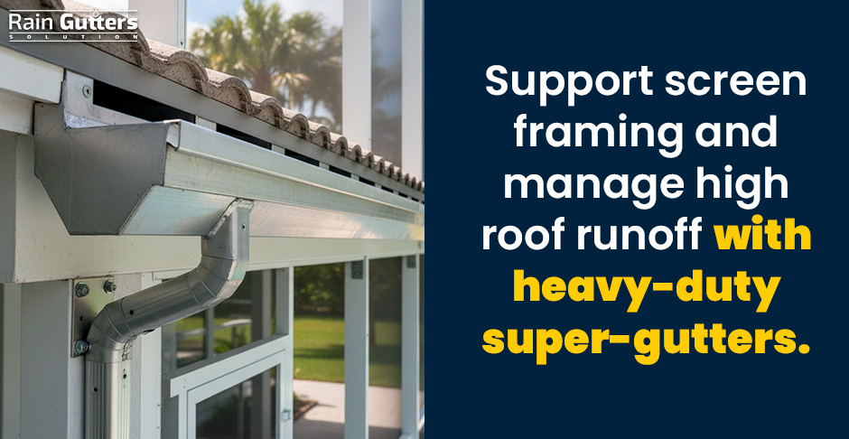 A detailed architectural close-up showing a heavy-gauge structural aluminum super-gutter acting as both the primary roof drainage channel and the support beam for a pool screen enclosure frame.